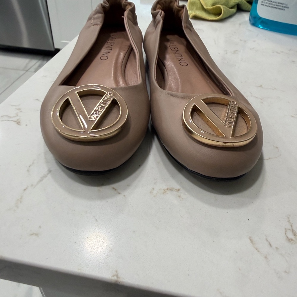 Valentino Women's Beige Ballet Flats with Gold Logo